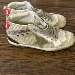 Golden Goose Beige White High-Top Sneakers with Olive Star